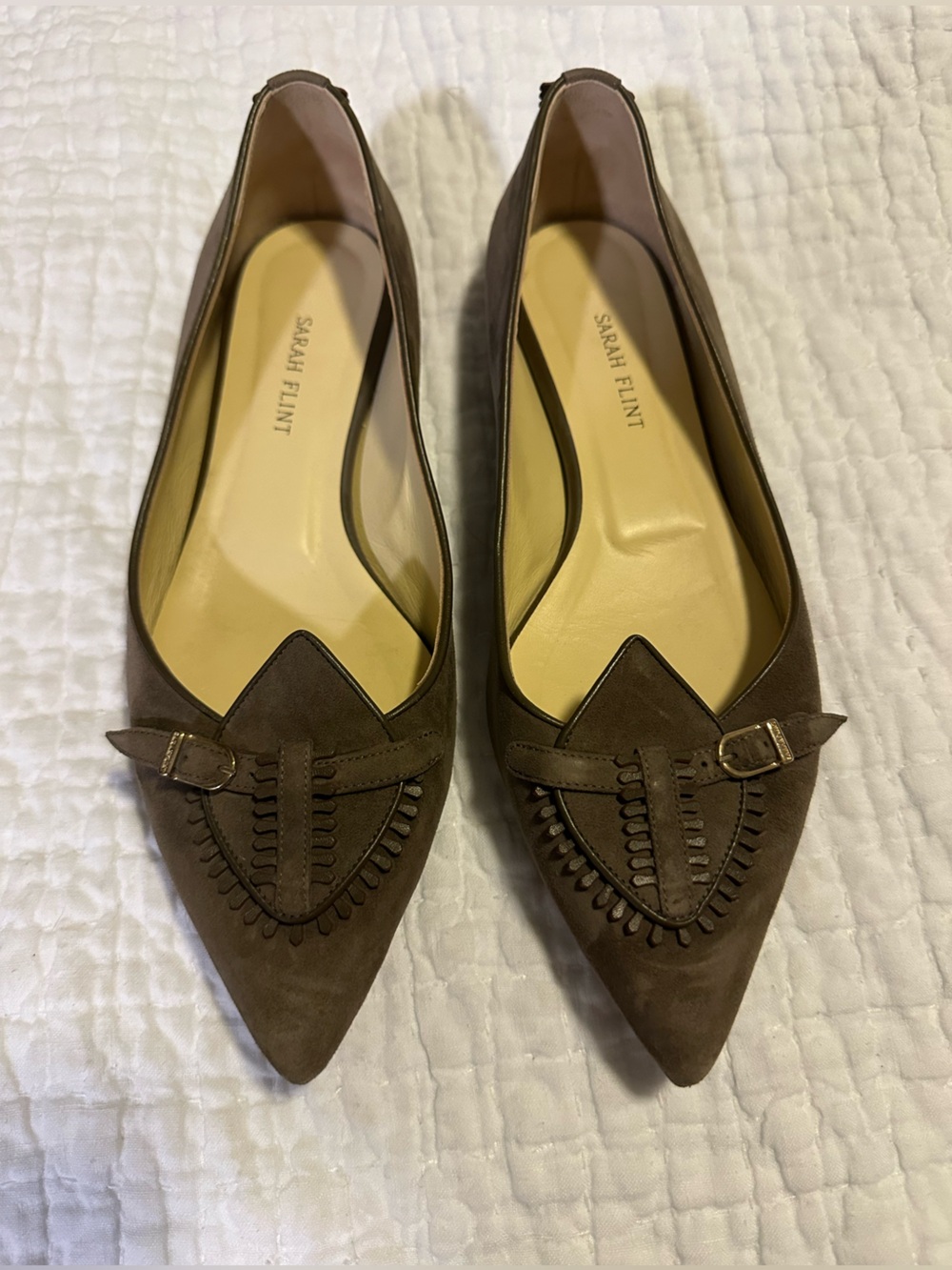 Sarah Flint Taupe Suede Pointed-Toe Flats